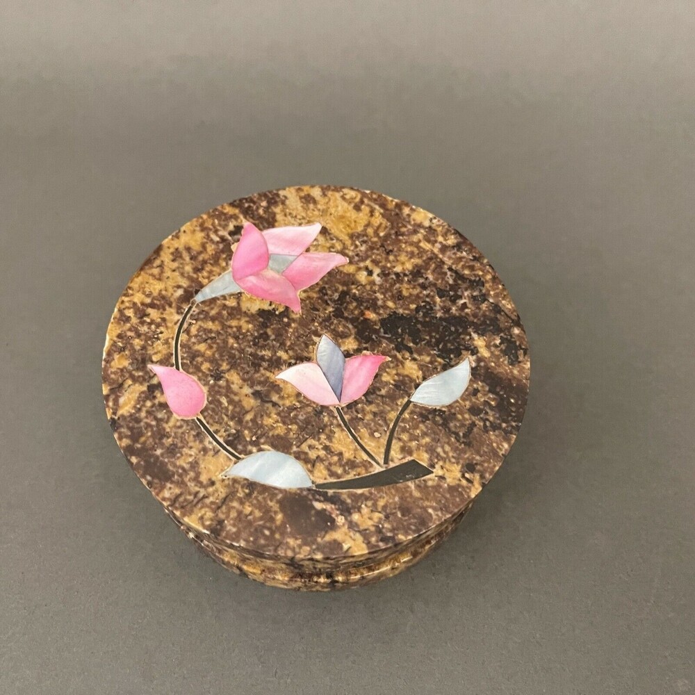 Round Marble Stone Floral Flowers Trinket Jewelry Box